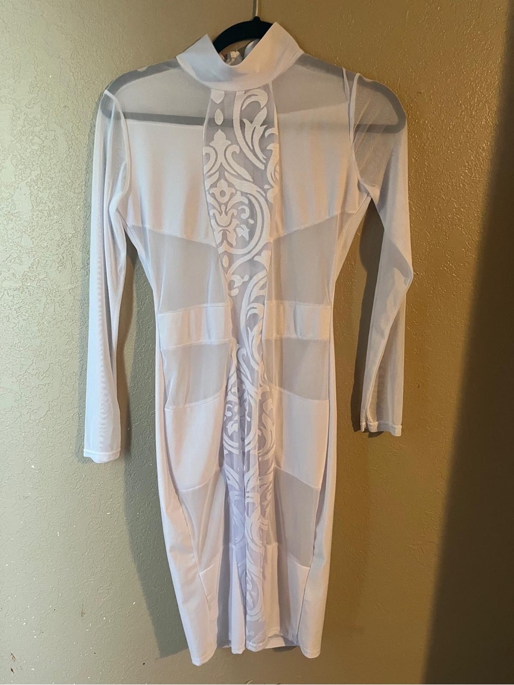 White Sheer Panel Bodycon Dress with Decorative Front - Unbranded